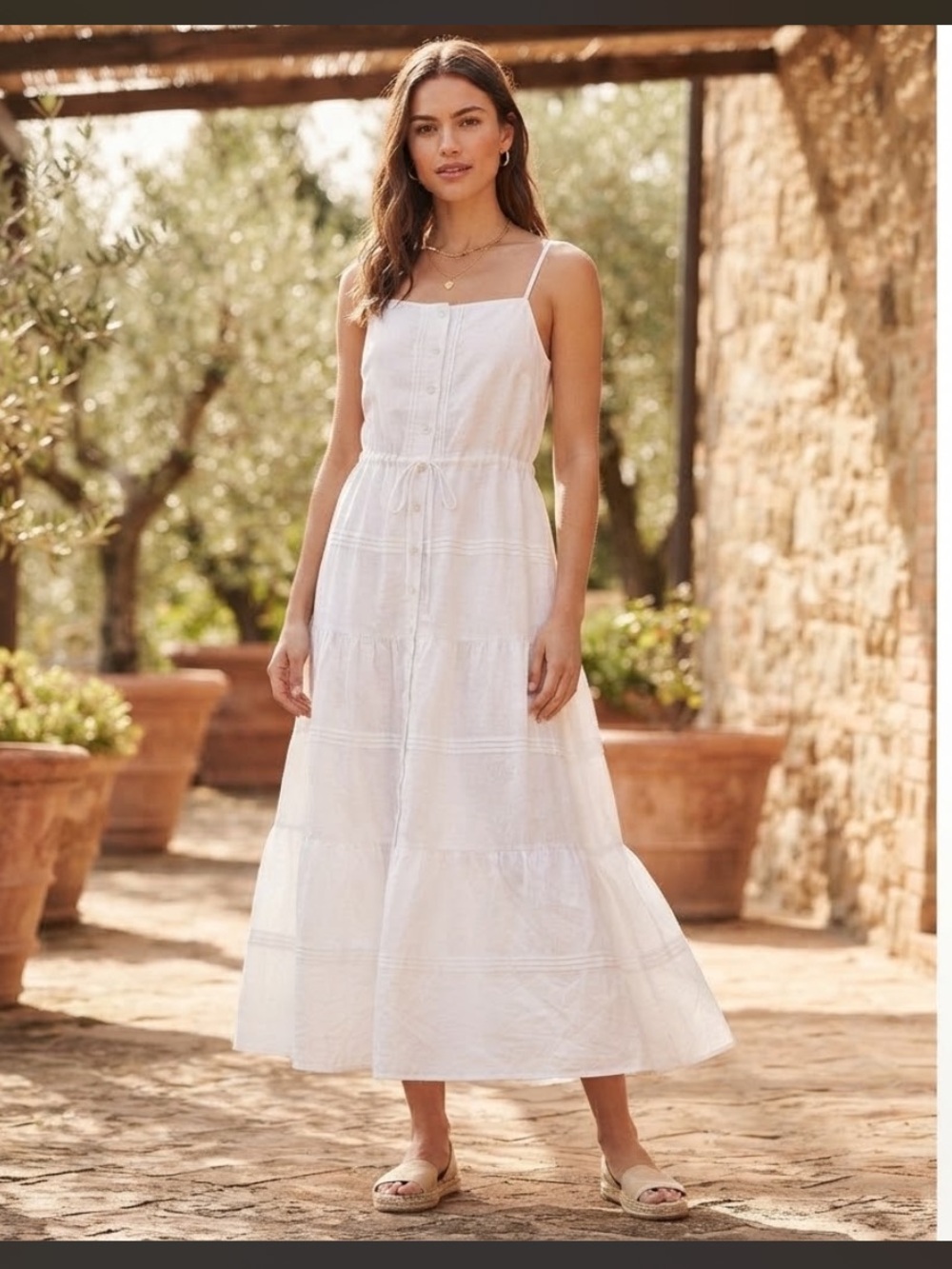 J.McLaughlin White Linen Blend Tiered Midi Sundress Women's Size Medium M Boho